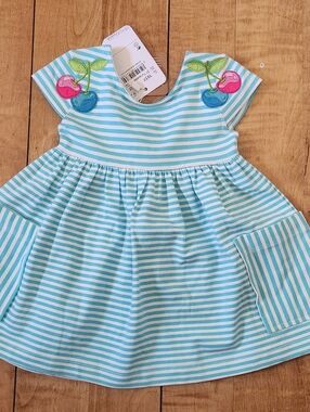 NWT Mayoral Blue & White Striped Dress with Cherry Appliqués